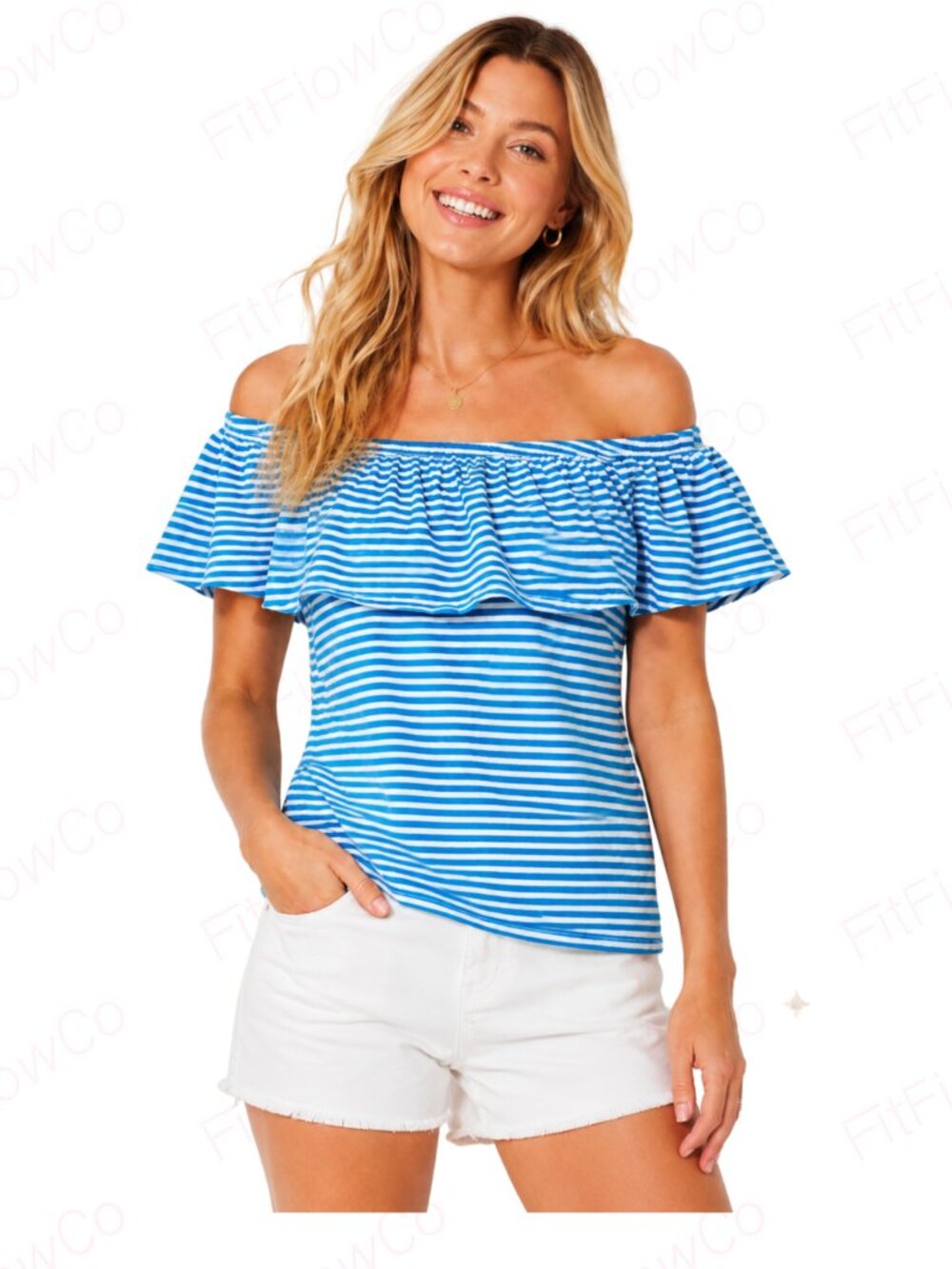 Cotton On Turquoise White Striped Off Shoulder Ruffle Top Size L